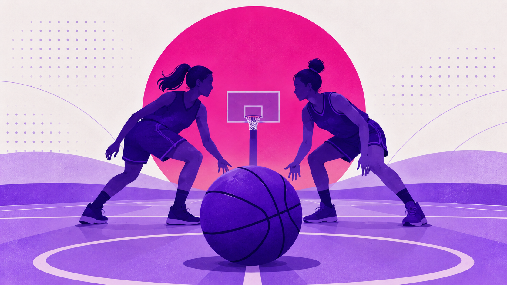 Ilustración en tonos violetas de dos jugadoras y un balón de baloncesto para el inicio de liga de Pucela Basket.